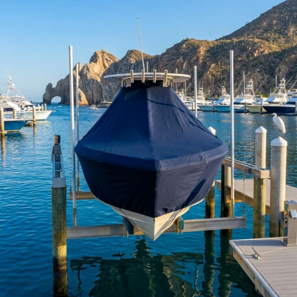 Blue-covered boat lifted on a marina dock with calm water and rocky hills in the background.