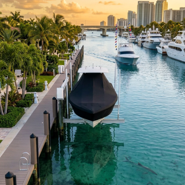 Sunset marina with palm trees and high-rise buildings; a black-covered boat on a lift over turquoise water with a shark below.