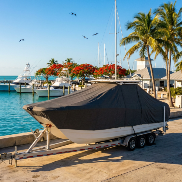 Twin Vee 240 CC T-Top boat cover in black Sunbrella fabric on dock lift at Fort Pierce Inlet, FL