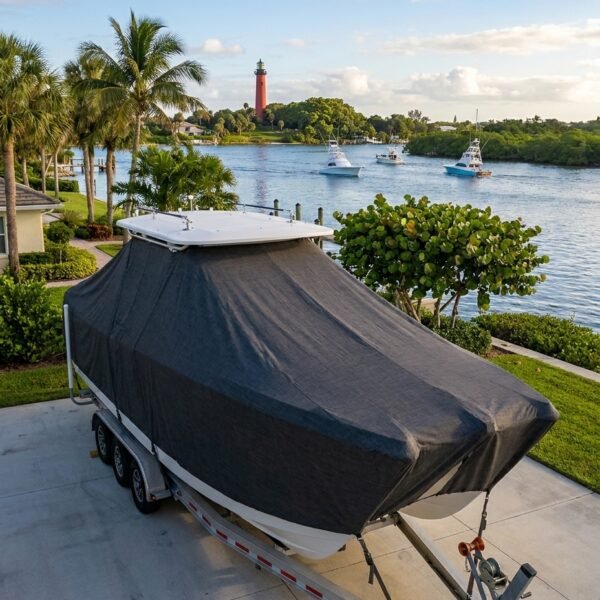 Twin Vee 240 DC T-Top boat cover in charcoal Sunbrella fabric on trailer at Jupiter Inlet, FL