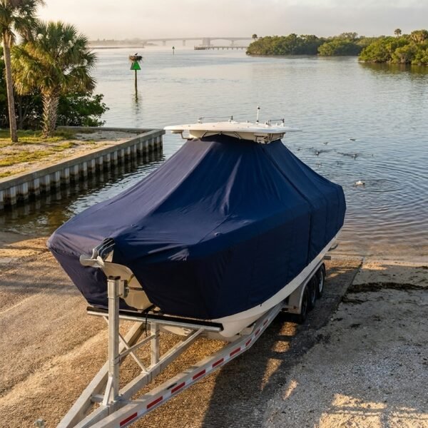 Twin Vee 260 GFX2 T-Top boat cover in black Sunbrella fabric on dock lift at Ponce Inlet, FL