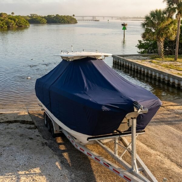 Twin Vee 260 SE T-Top boat cover in navy Sunbrella fabric on trailer at Sebastian Inlet, FL