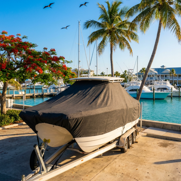 Twin Vee 280 CC T-Top boat cover in charcoal Sunbrella fabric on trailer at Key West, FL