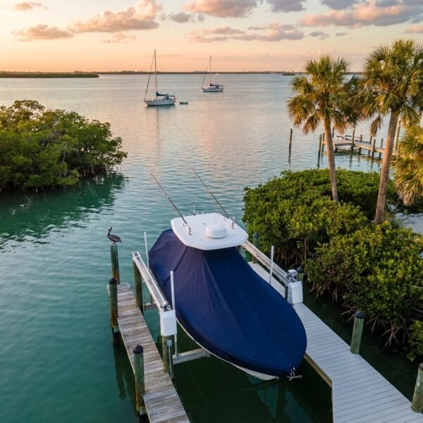 Covered boat on a lift at a wooden dock along turquoise water, with palm trees and a sunset sky in the background