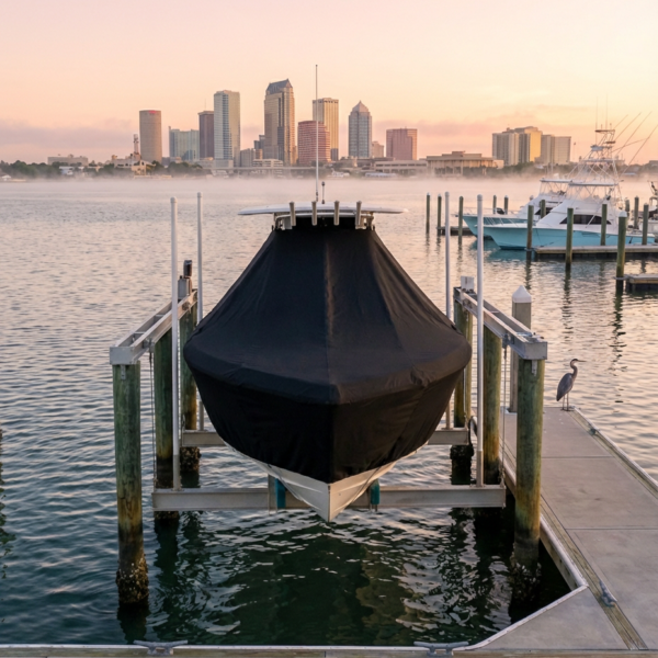 Covered boat on a lift at a marina with a pastel sunrise and a city skyline across the water in the background。