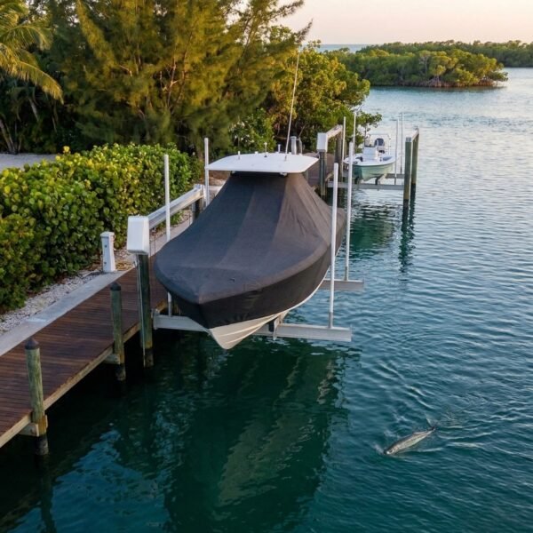 Boat covered with a lift docked at a wooden marina beside green shrubs and calm turquoise water, a fish jumping nearby.