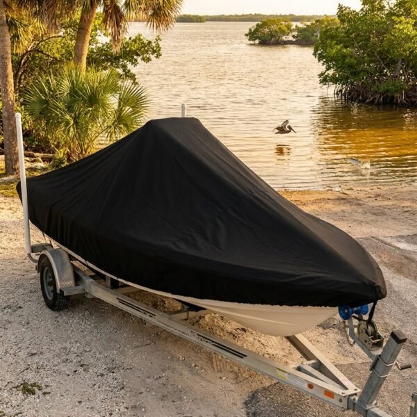 Boat on a trailer parked on a sandy shore, covered with a black tarp near calm water and palm trees behind it, ready for transport.