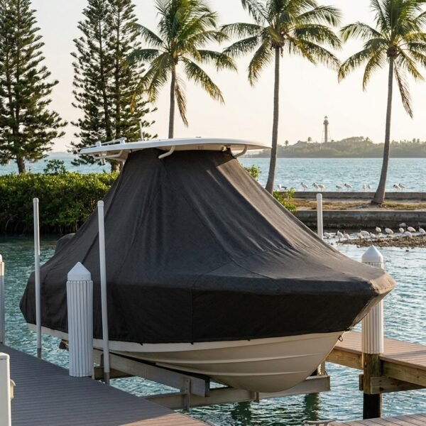 Motorboat covered with black canvas on a lift at a marina, with a wooden dock, palm trees, and a distant lighthouse.