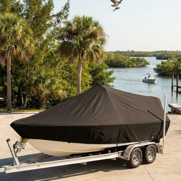Boat on a dual-axle trailer covered with a black tarp, parked near the water among palm trees and a seagull overhead.
