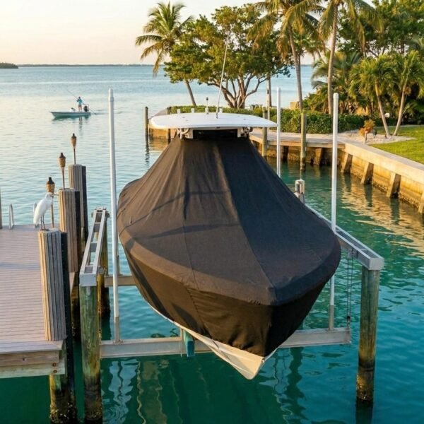 Boat on a lift at a wooden dock by turquoise water, covered with a black boat cover, palm trees in the background.