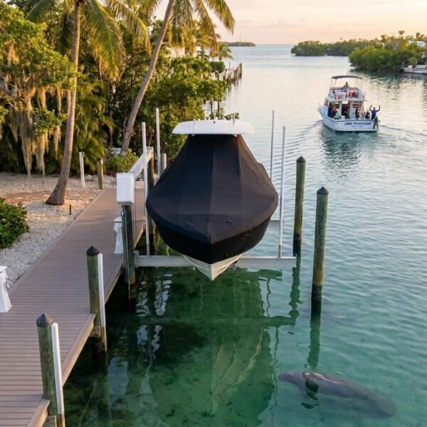 Covered boat on a lift at a wooden dock, palm trees and clear green water with a small boat in the distance; a manatee swims nearby.