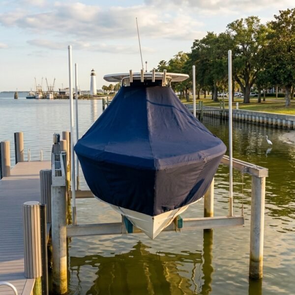 Boat on a lift at a marina, covered with a dark blue cover, reflecting in calm water with a lighthouse in the distance.