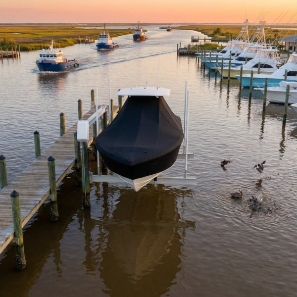 Covered speedboat on a lift at a marina, with other boats docked to the right and a sunset over the calm water.