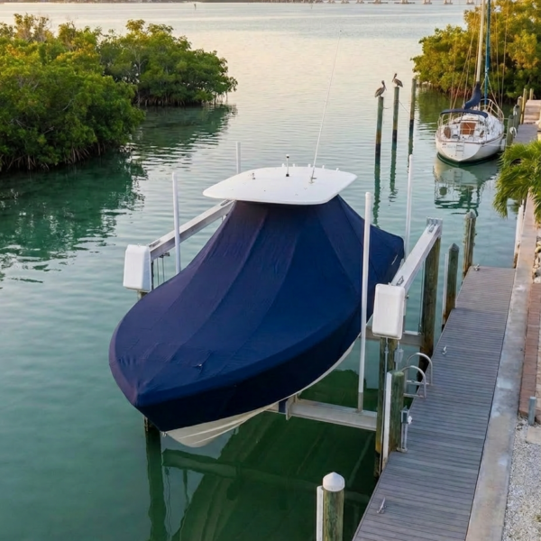 Yellowfin 23 T-Top boat cover in Navy Sunbrella fabric on dock lift at Sarasota, Florida