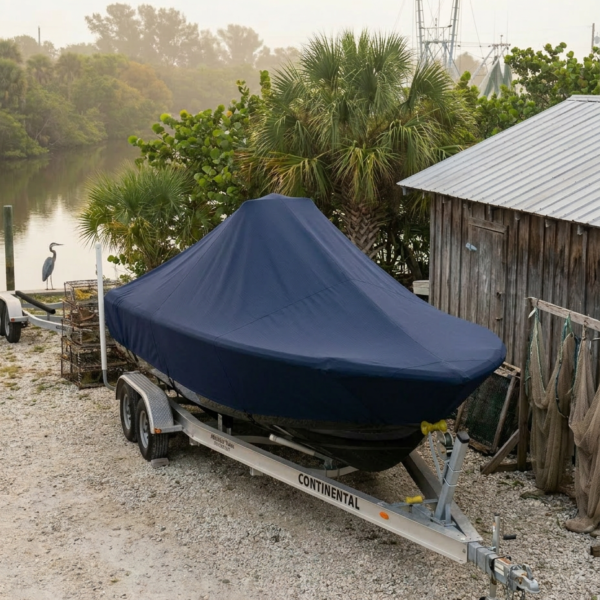 Yellowfin 24 Bay CE center console boat cover in Navy Sunbrella fabric on trailer at Cortez, Florida