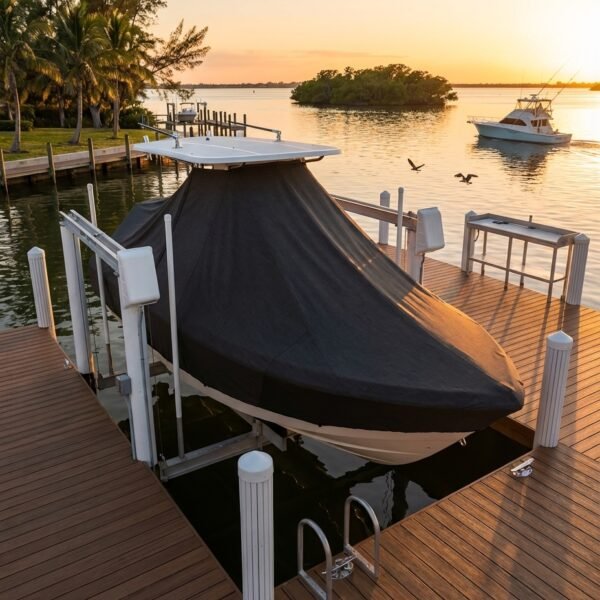 Yellowfin 24 Bay CE T-Top boat cover in Charcoal Sunbrella fabric on dock lift at Longboat Key, Florida