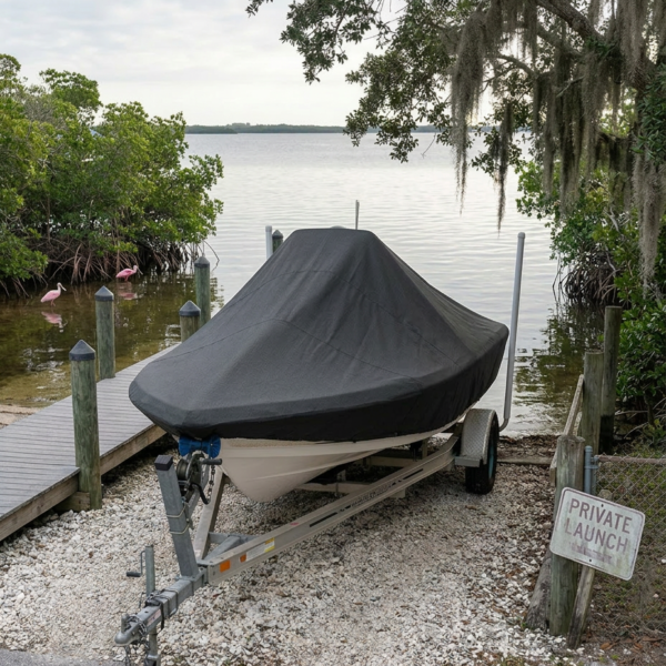 Yellowfin 26 center console boat cover in Charcoal Sunbrella fabric on trailer at Terra Ceia, Florida