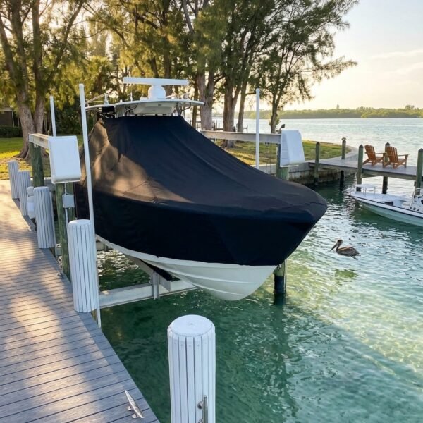 Yellowfin 26 T-Top boat cover in Black Sunbrella fabric on dock lift at Anna Maria Island, Florida