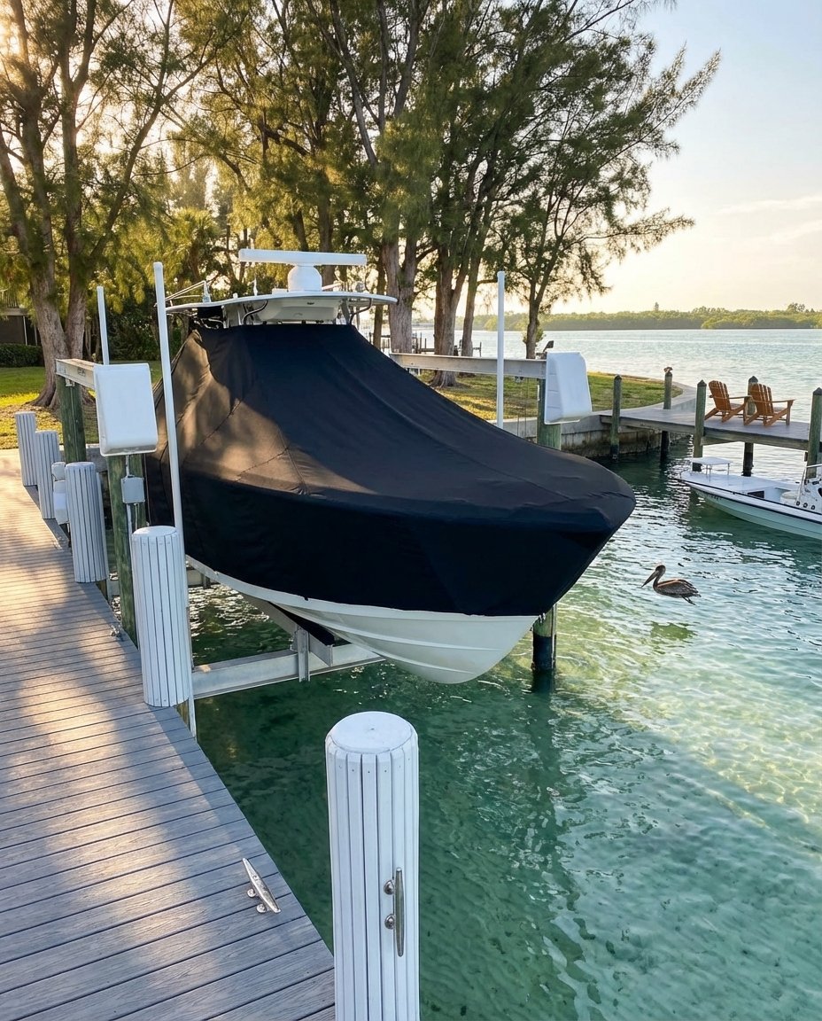 Yellowfin 26 T-Top boat cover in Black Sunbrella fabric on dock lift at Anna Maria Island, Florida