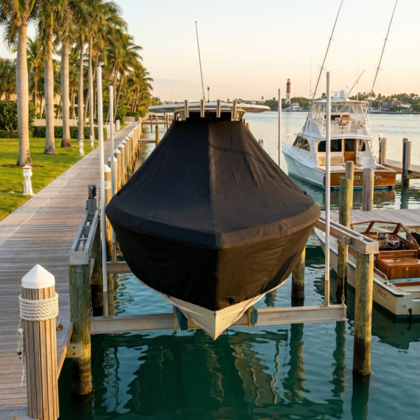 Yellowfin 32 T-Top boat cover in Black Sunbrella fabric on dock lift at Boca Grande, Florida
