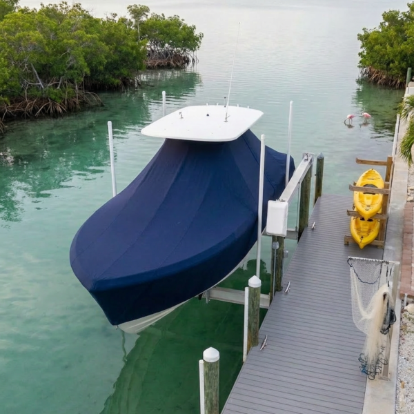 Yellowfin 36 T-Top boat cover in Navy Sunbrella fabric on dock lift at Siesta Key, Florida