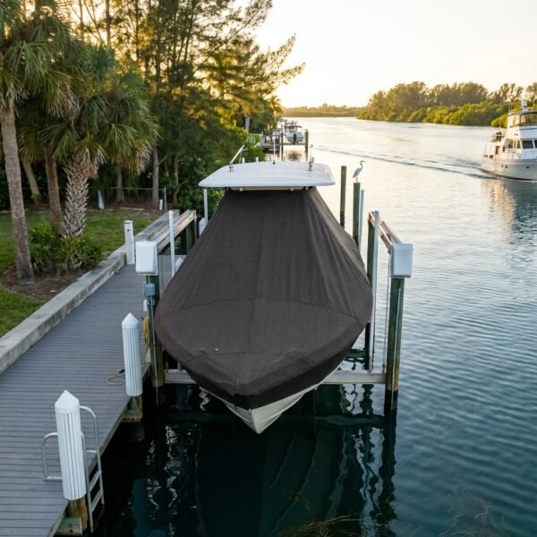 Yellowfin 42 T-Top boat cover in Charcoal Sunbrella fabric on dock lift at Venice, Florida