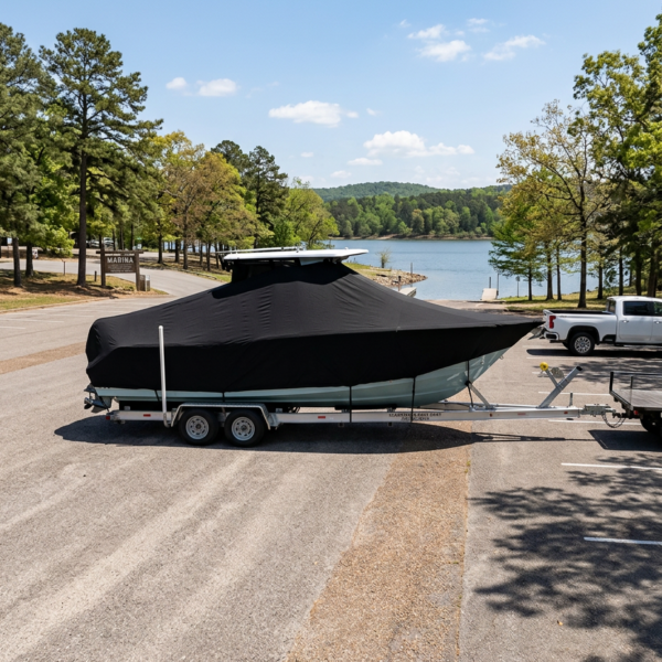 Covered boat on a dual‑axle trailer parked in a lakefront parking lot, with trees and a blue lake in the background.