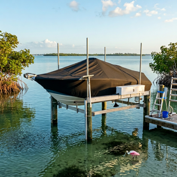 Covered boat on a lift over calm blue-green water with pilings and a dock, flamingo wading nearby in clear shallow water