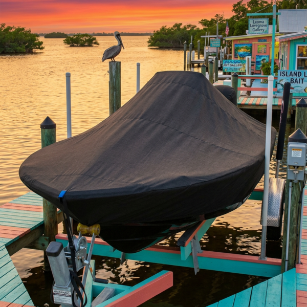 Sunset over a colorful marina with a large boat covered by a black tarp on a lift, and a pelican perched on a post nearby.