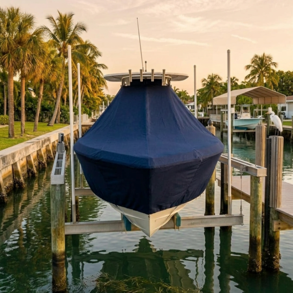 Covered boat on a lift at a marina, dark blue cover over the hull, with palm trees and calm water reflecting the sunset nearby.