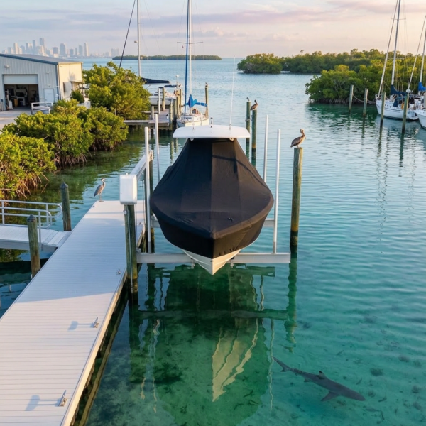 Boat on a lift in a marina with white docks, calm turquoise water, and mangroves; a shark is visible underwater near the boat.
