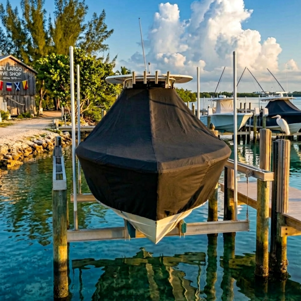Covered boat on a dock at a marina, turquoise water below and white clouds in the sky behind it