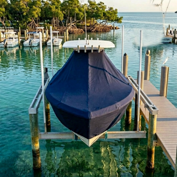 Blue boat covered with tarp tied to a wooden dock in crystal-clear turquoise water, mangrove trees in the background.