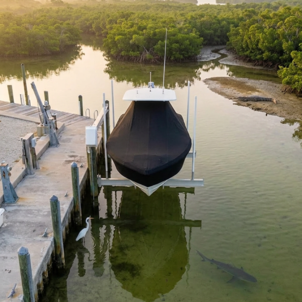 Boat covered with a black tarp on a trailer lift at a dock, calm green water and mangrove background; a heron stands on the pier edge and a silhouette of a large fish near the water surface.