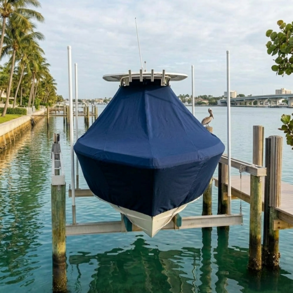 Blue boat cover secured on a docked boat in a calm marina with palm trees along the quay.