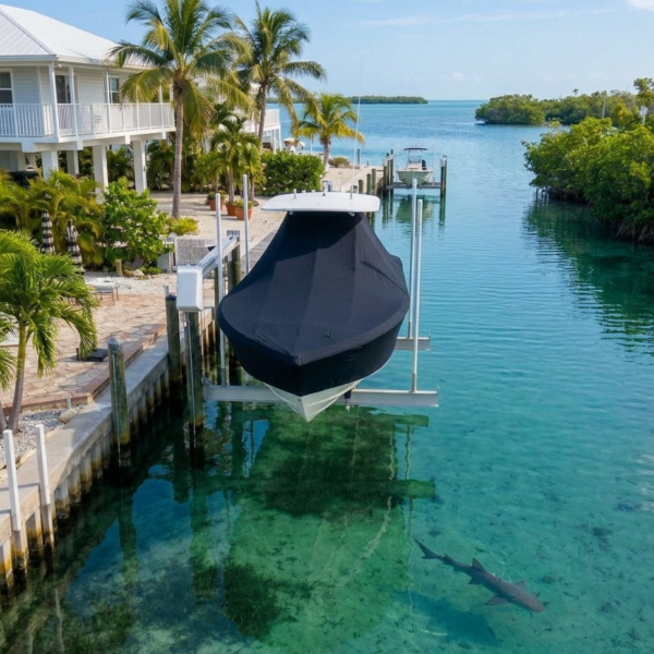 Boat covered in a dark cover on a lift above clear turquoise water by a dock, with palm trees and a white house nearby.