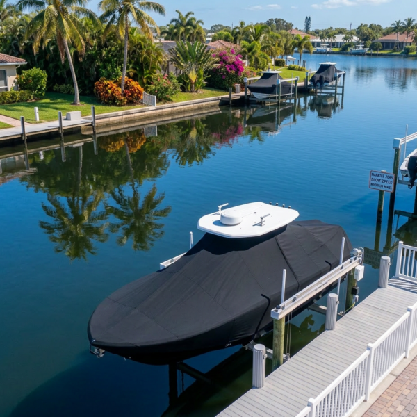 Covered motorboat moored at a dock along a palm-lined residential canal.