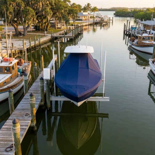 Blue boat on a lift in a quiet marina, reflection seen in calm water with wooden piers and additional boats nearby.