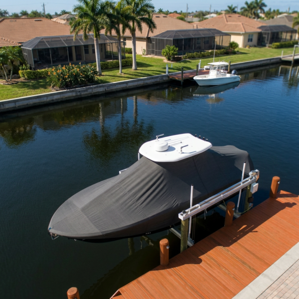 Covered motorboat docked at a wooden canalfront dock in a sunny suburban neighborhood with palm trees and screened porches.