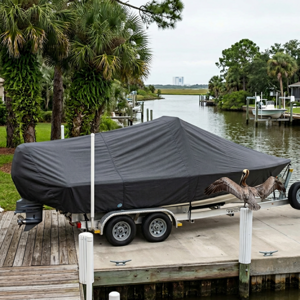 Covered boat on a dual-axle trailer at a marina dock by a canal, with a pelican in the foreground.