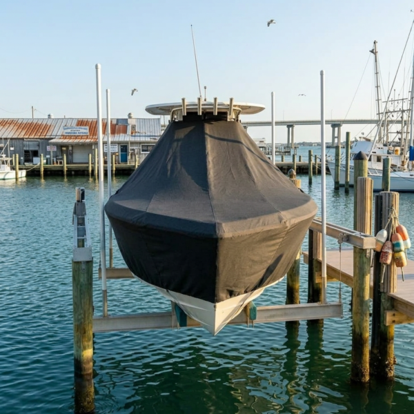 Boat covered with a black tarp on a dock lift at a marina, calm water around and moored boats in the background.