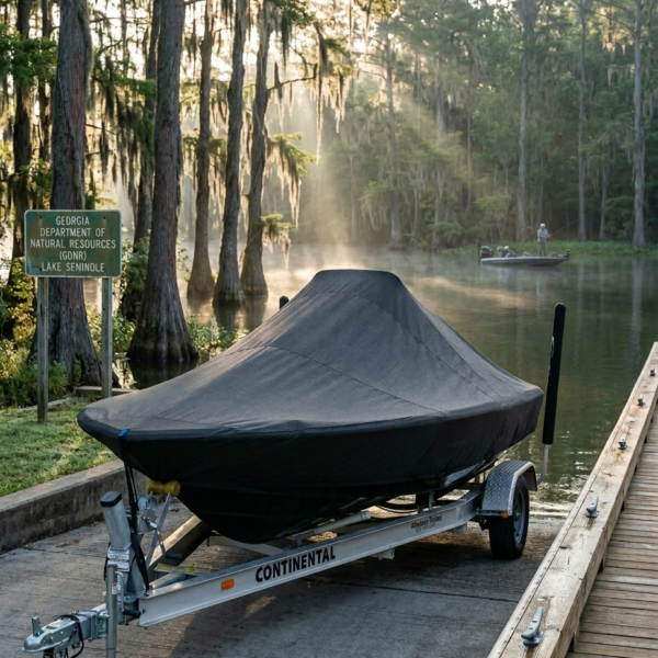 Boat on a trailer with a black cover sits on a lakeside boat ramp, Georgia DNR sign in a misty forest backdrop.