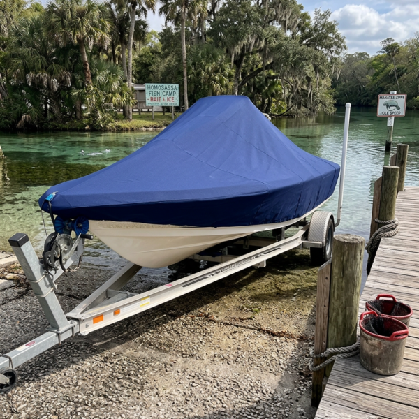 Blue-covered boat on a trailer parked beside a dock by clear water with palm trees in the background.