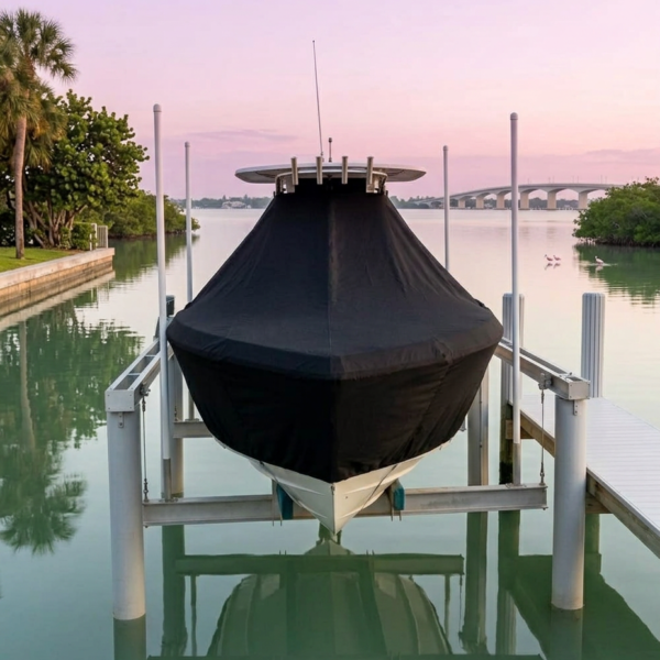 Boat on a lift covered with a black tarp, docked in calm green water at sunset with a pastel sky and distant bridge.