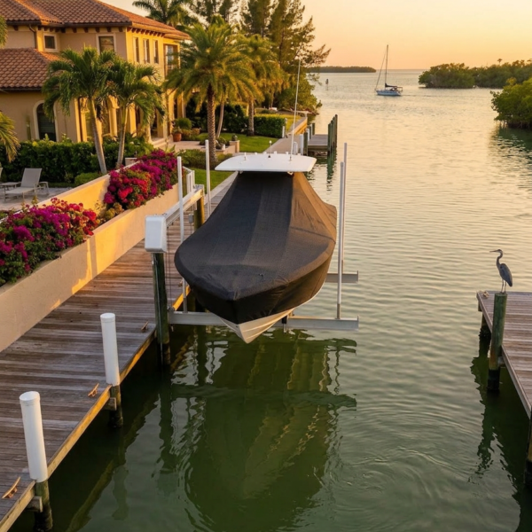 Sunset scene of a canal-side property with a covered boat on a lift between wooden docks and palm trees.