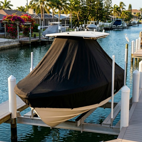 Covered boat on a lift at a waterfront dock, with palm trees and houses in the background.