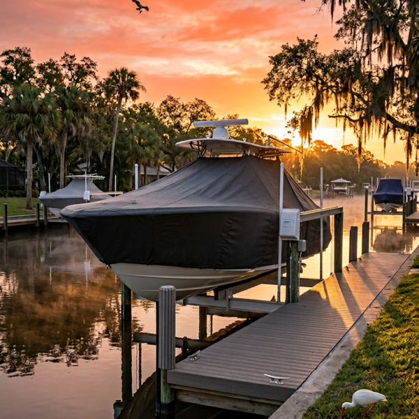 A boat covered with a tarp on a lift at a marina during a orange sunset, with palm trees and a calm, reflective canal nearby.