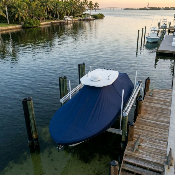 A blue-covered boat on a boat lift at a wooden dock beside calm water, with palm trees in the background at sunset-angle light.