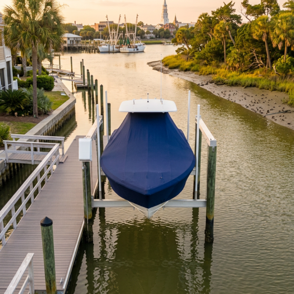 Blue-covered boat on a lift in a canal-side marina at sunset, with a boardwalk, palm trees, and a town with a tower in the distance.