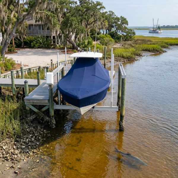 Blue-covered boat moored at a wooden dock along a marshy shoreline; a large marine animal is visible in the shallow water nearby.
